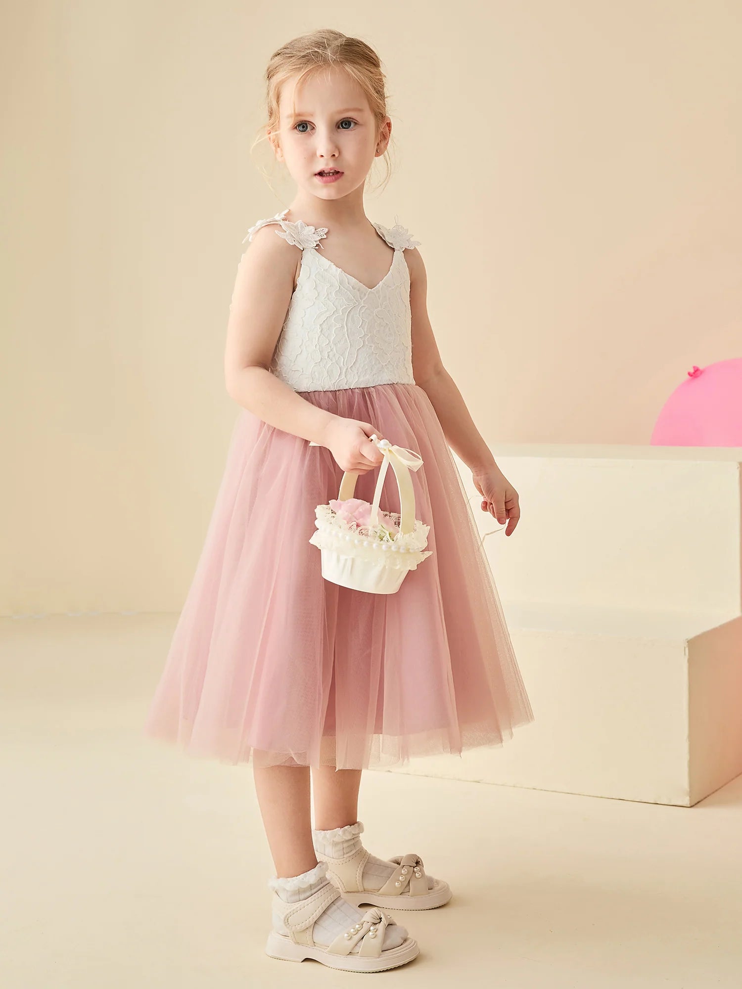 V Neck Lace Floral Strap Blush Tulle Midi Swing Flower Girl Dresses
