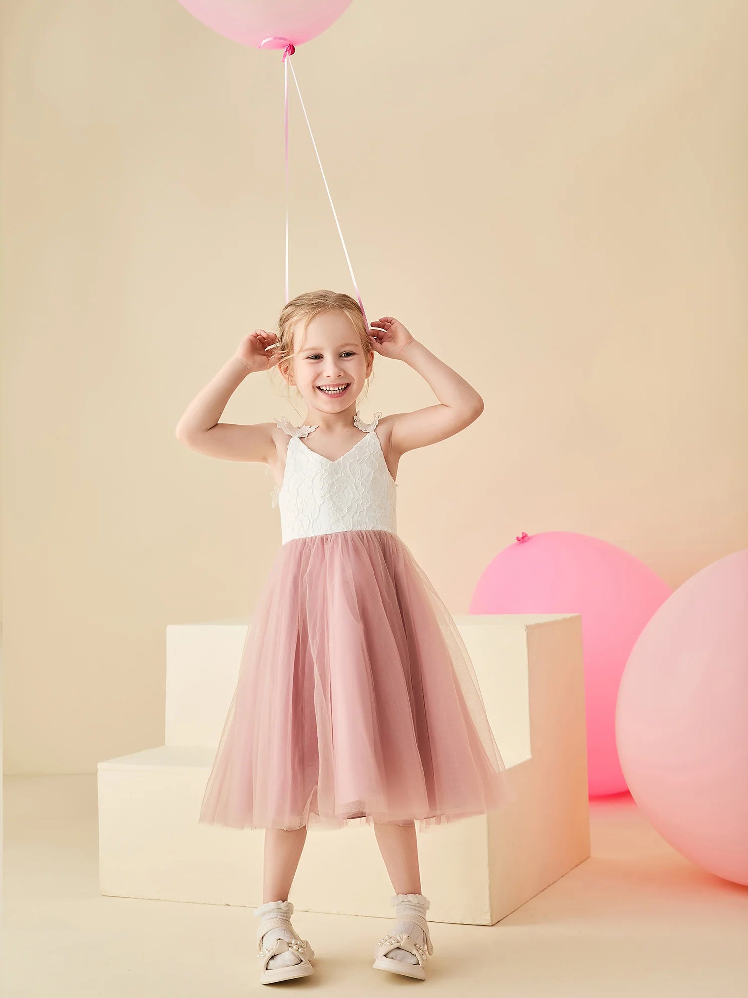 V Neck Lace Floral Strap Blush Tulle Midi Swing Flower Girl Dresses