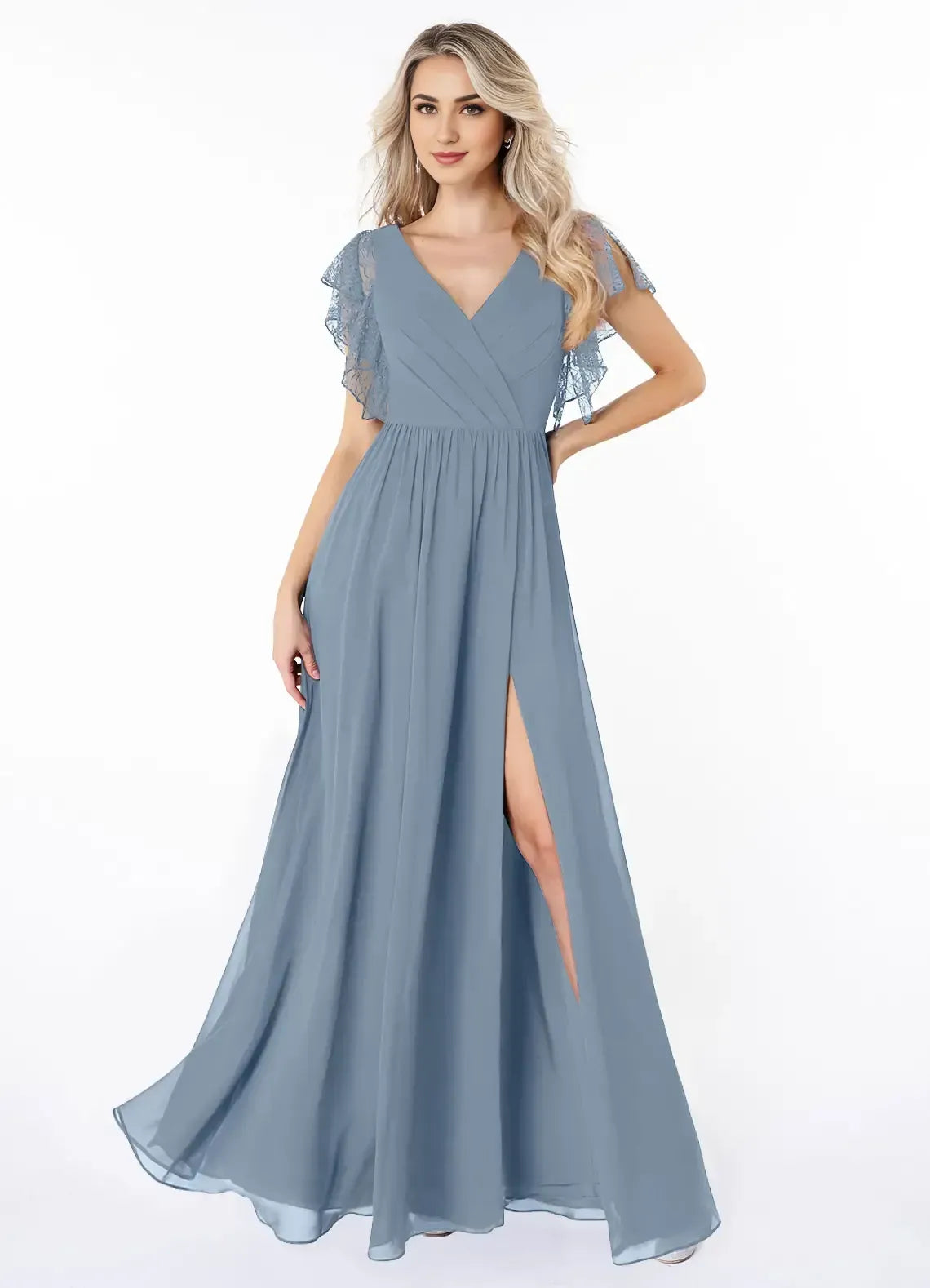 V Neck Lace Flutter Sleeve Empire High Slit A Line Chiffon Bridesmaid Dress