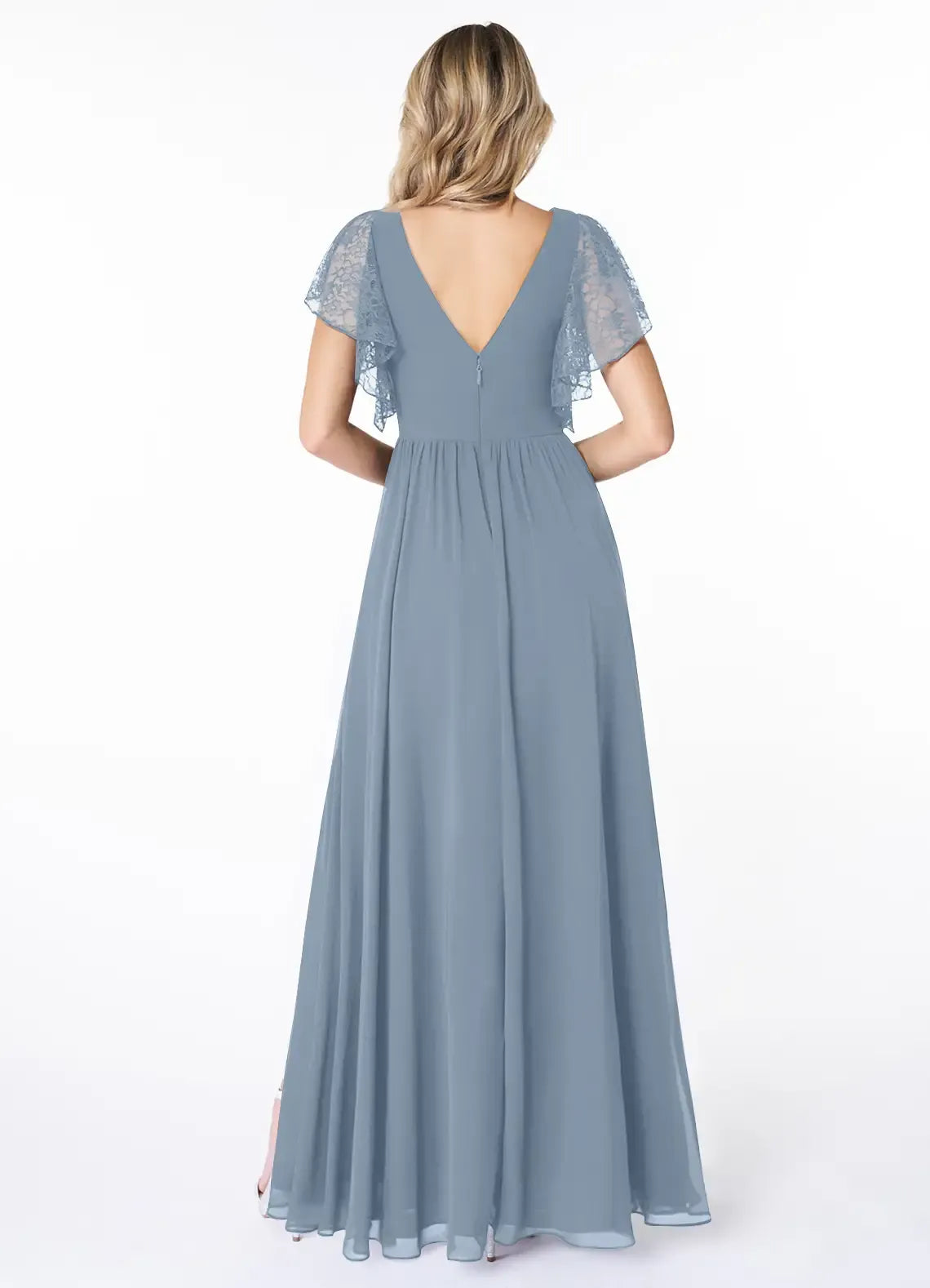 V Neck Lace Flutter Sleeve Empire High Slit A Line Chiffon Bridesmaid Dress