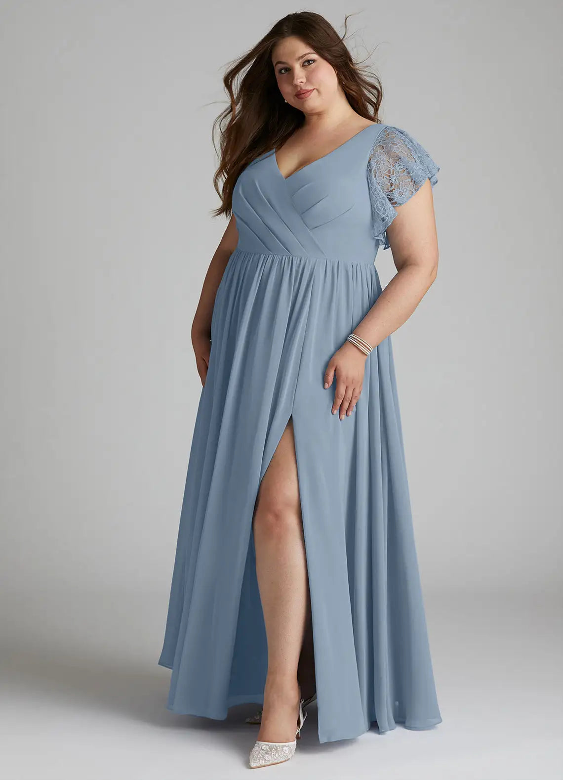 V-Neck Lace Flutter Sleeve Slit Floor-Length Plus Size Bridesmaid Dress
