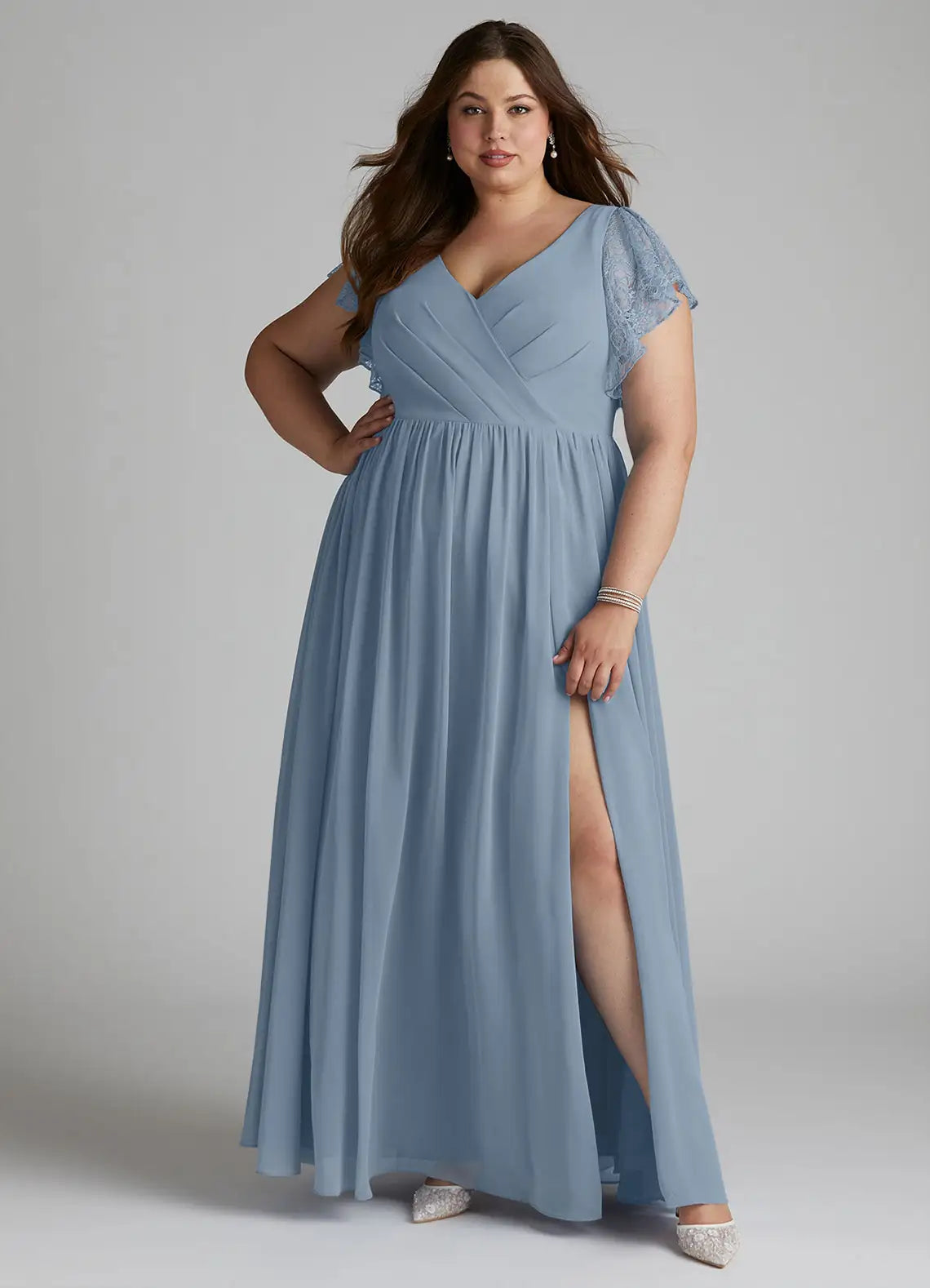 V-Neck Lace Flutter Sleeve Slit Floor-Length Plus Size Bridesmaid Dress
