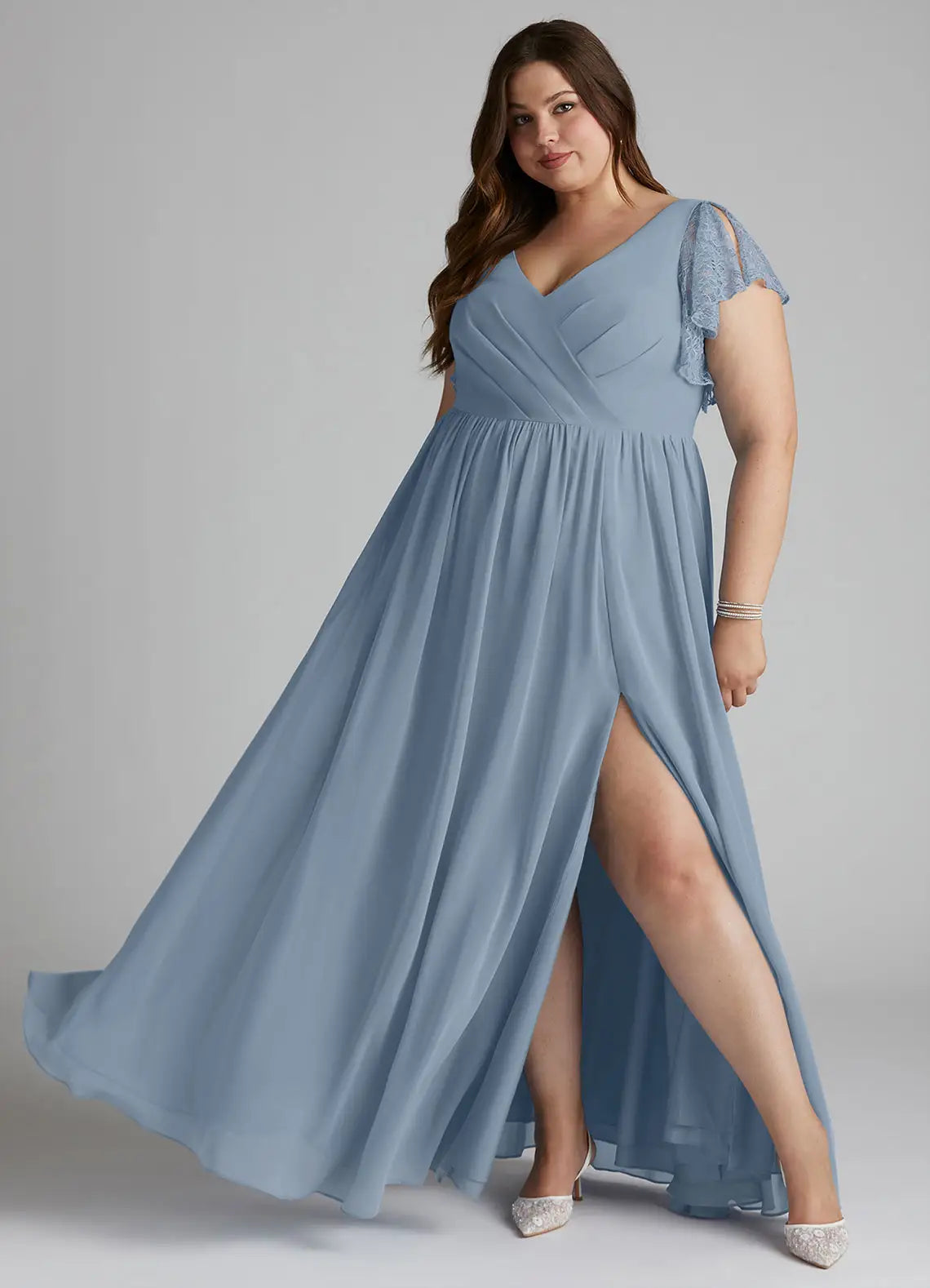 V-Neck Lace Flutter Sleeve Slit Floor-Length Plus Size Bridesmaid Dress