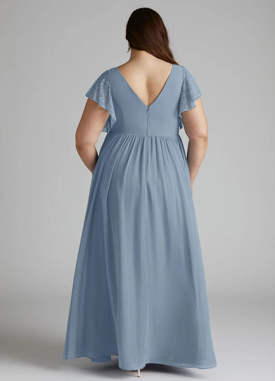 V-Neck Lace Flutter Sleeve Slit Floor-Length Plus Size Bridesmaid Dress