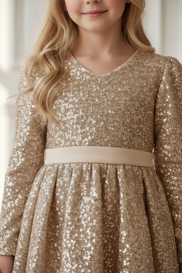 V Neck Long Sleeve Gold Sequin Midi Kids Party Dresses