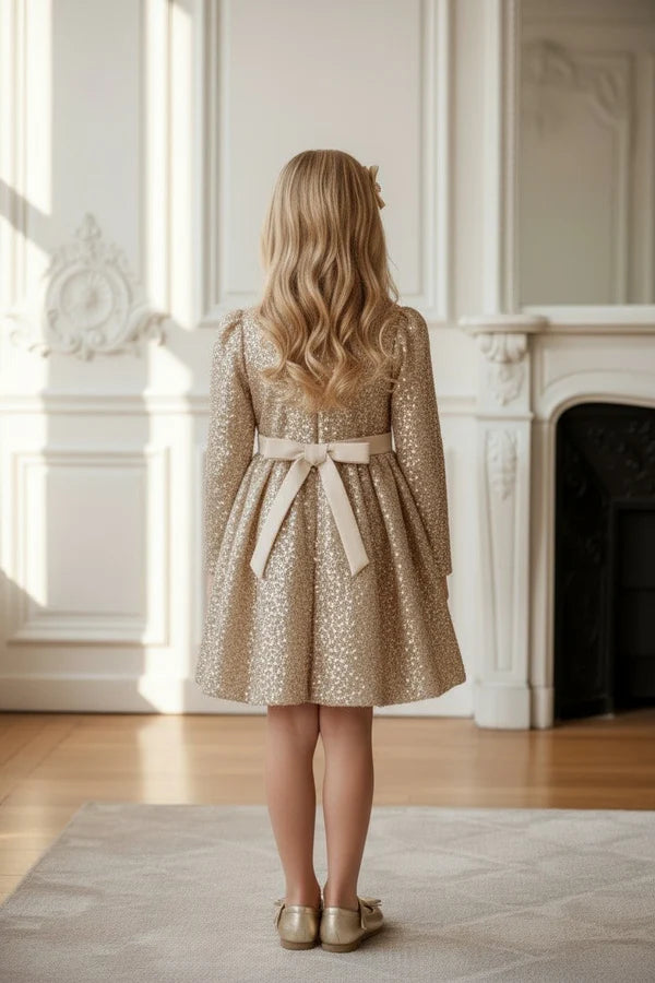 V Neck Long Sleeve Gold Sequin Midi Kids Party Dresses