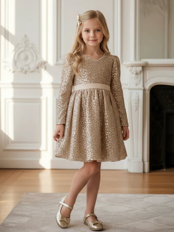 V Neck Long Sleeve Gold Sequin Midi Kids Party Dresses