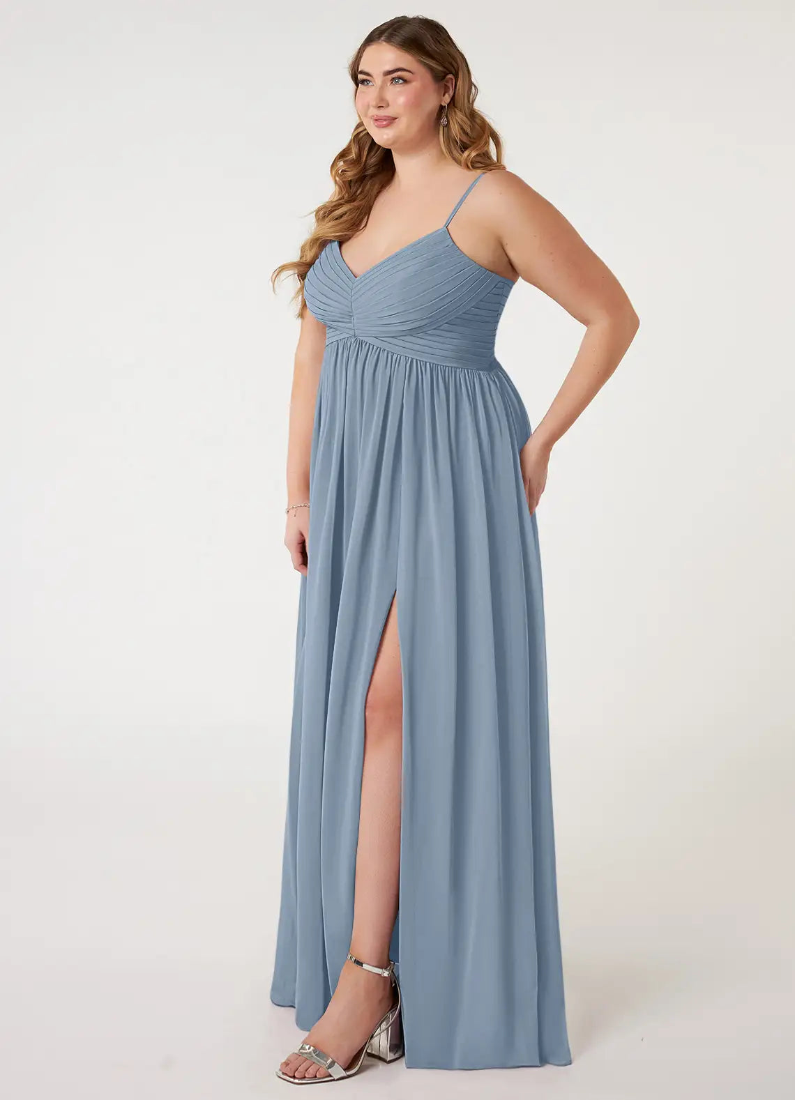 V-Neck Pleated Spaghetti Strap Slit Floor-Length Plus Size Bridesmaid Dress