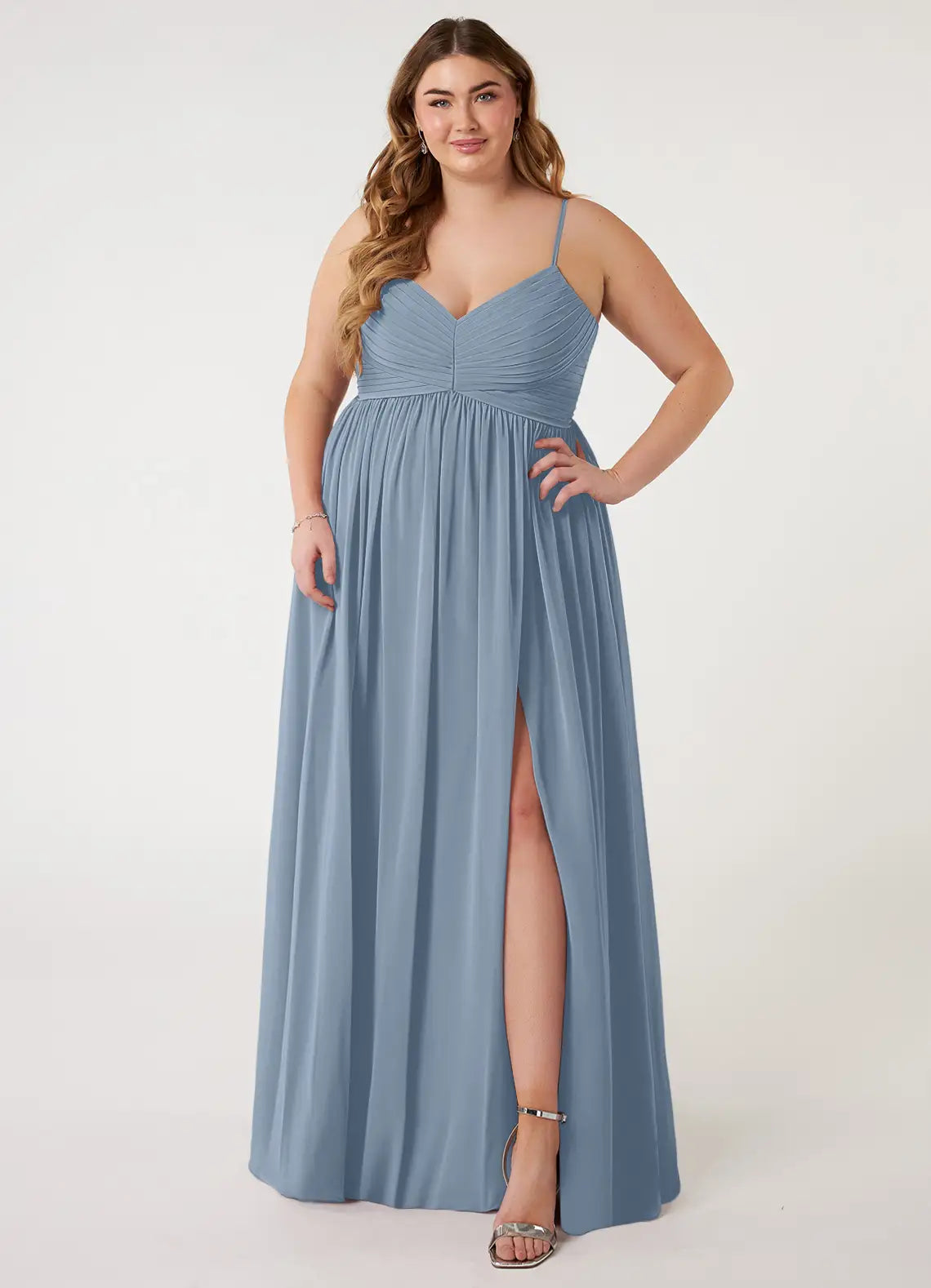 V-Neck Pleated Spaghetti Strap Slit Floor-Length Plus Size Bridesmaid Dress