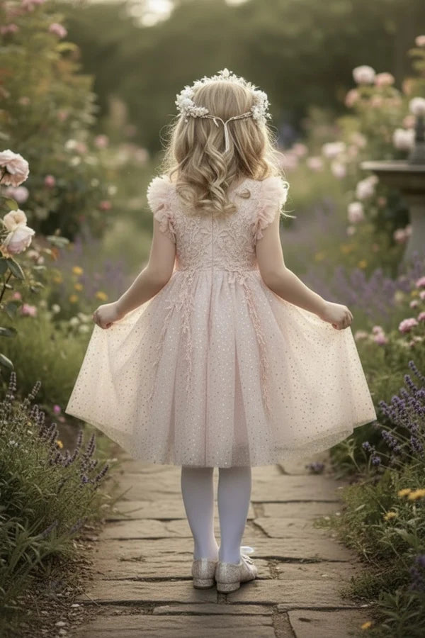 V Neck Ruffle Cap Sleeve Blush Pink Glitter Tulle Short Flower Girl Dresses