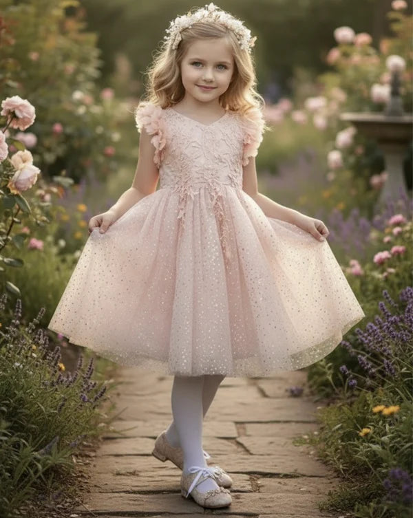 V Neck Ruffle Cap Sleeve Blush Pink Glitter Tulle Short Flower Girl Dresses