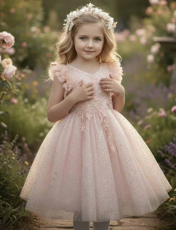 V Neck Ruffle Cap Sleeve Blush Pink Glitter Tulle Short Flower Girl Dresses