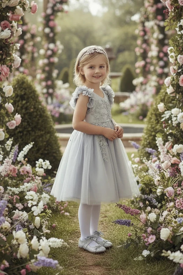 V Neck Ruffle Cap Sleeve Dusty Blue Lace Tulle Short Flower Girl Dresses