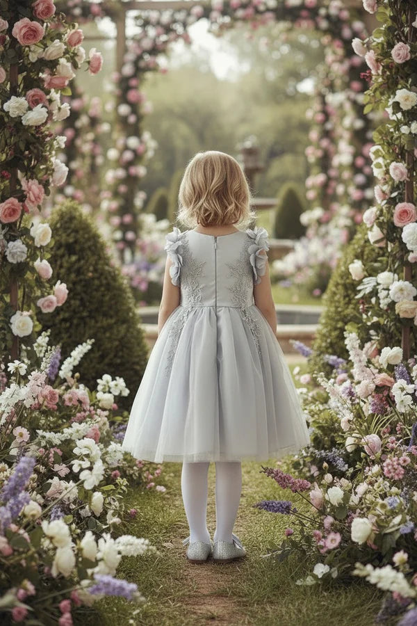 V Neck Ruffle Cap Sleeve Dusty Blue Lace Tulle Short Flower Girl Dresses