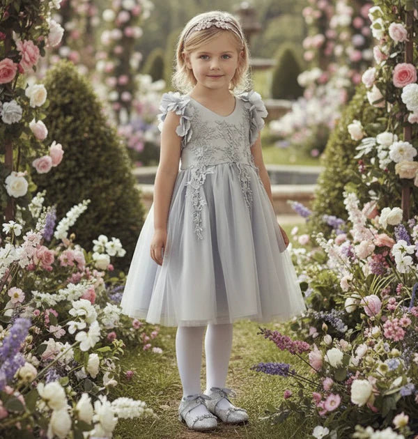 V Neck Ruffle Cap Sleeve Dusty Blue Lace Tulle Short Flower Girl Dresses