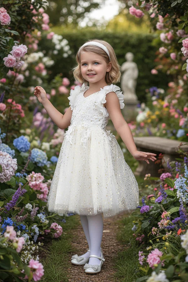 V Neck Ruffle Cap Sleeve White Gold Dot Tulle Short First Communion Dresses