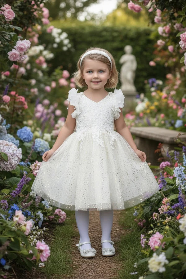 V Neck Ruffle Cap Sleeve White Gold Dot Tulle Short First Communion Dresses
