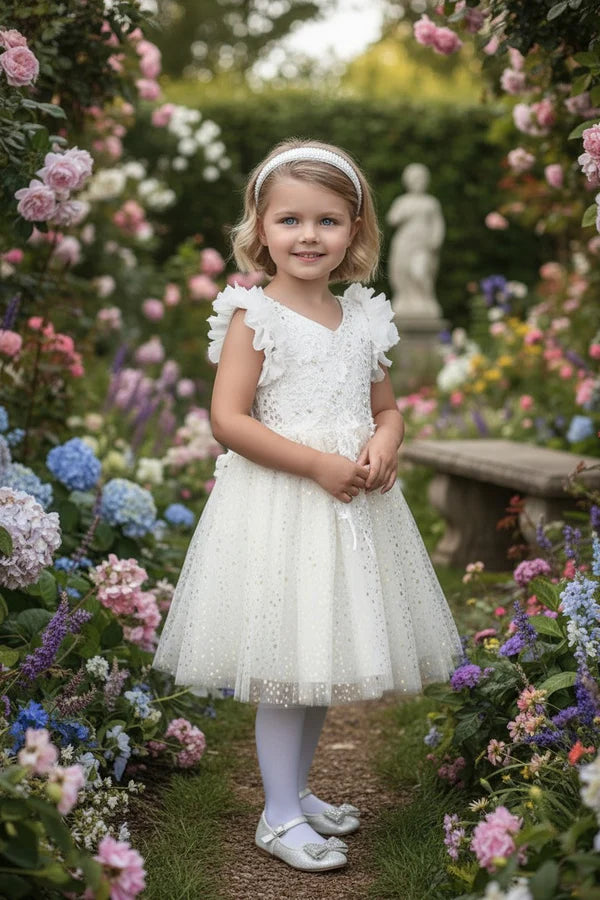 V Neck Ruffle Cap Sleeve White Gold Dot Tulle Short First Communion Dresses