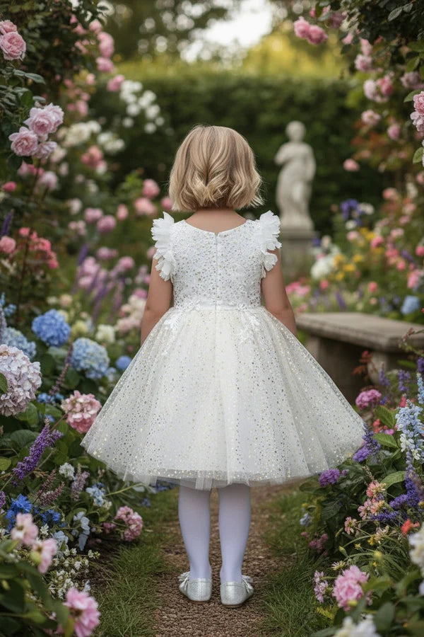 V Neck Ruffle Cap Sleeve White Gold Dot Tulle Short First Communion Dresses