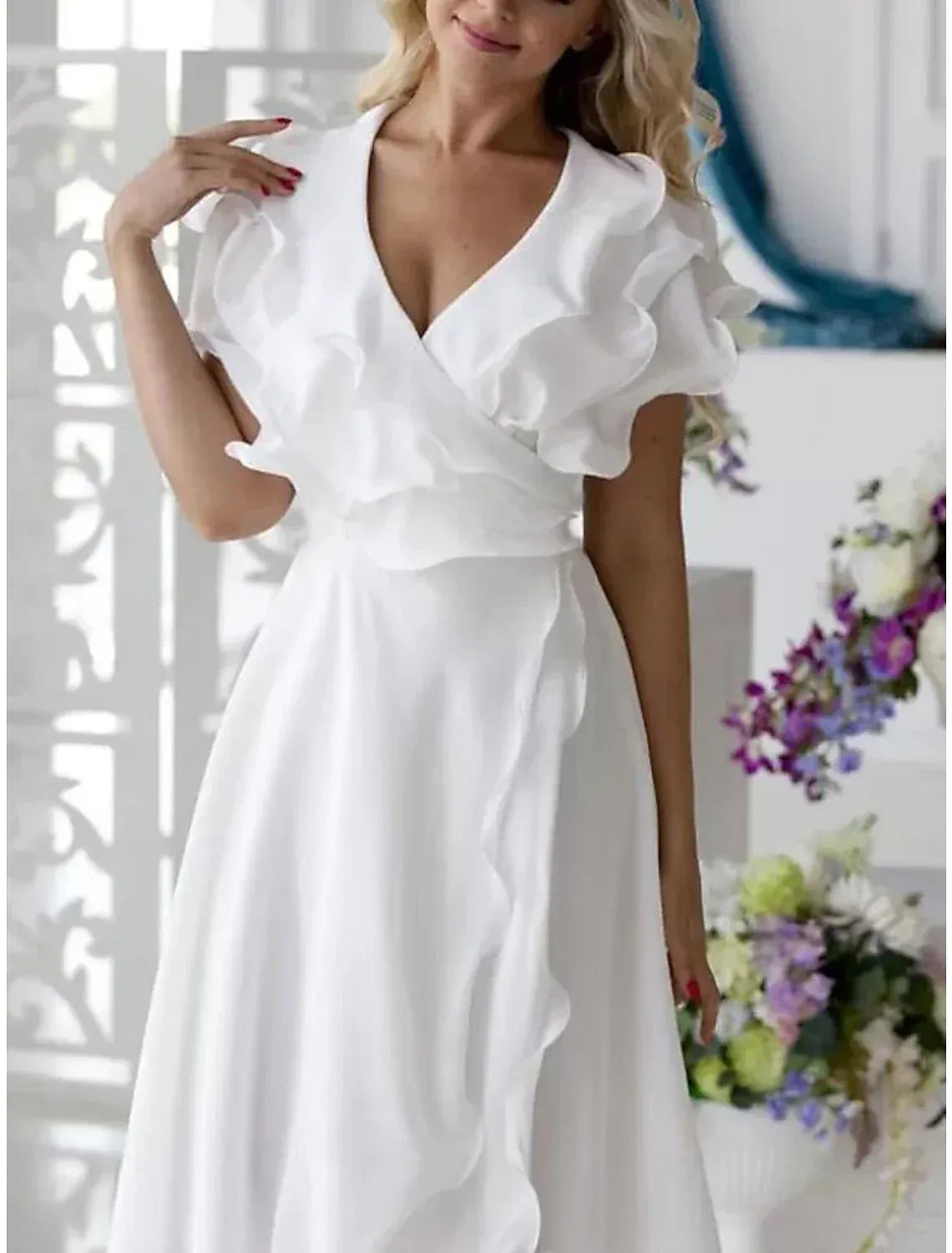 V Neck Ruffle Short Sleeve Chiffon High Low Wedding Dress Wrap Ruched Bridal Gown