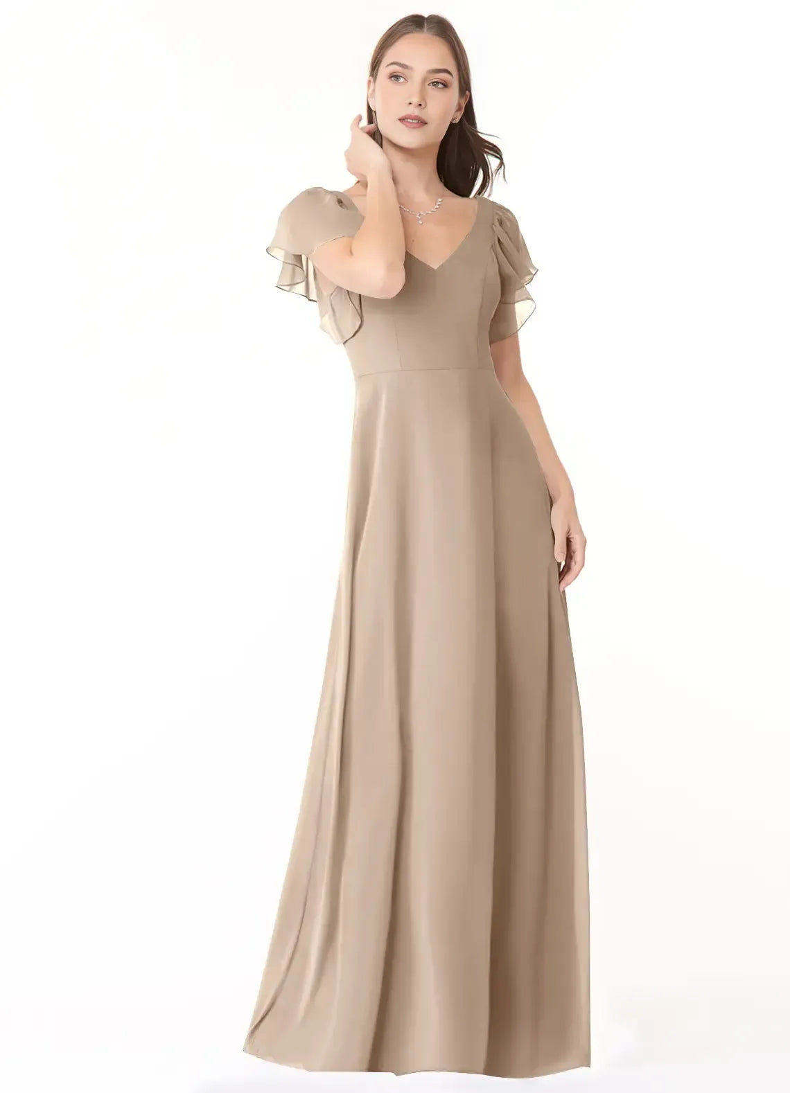 V Neck Ruffle Short Sleeve Tie Open Back A Line Satin Long Bridesmaid Dress
