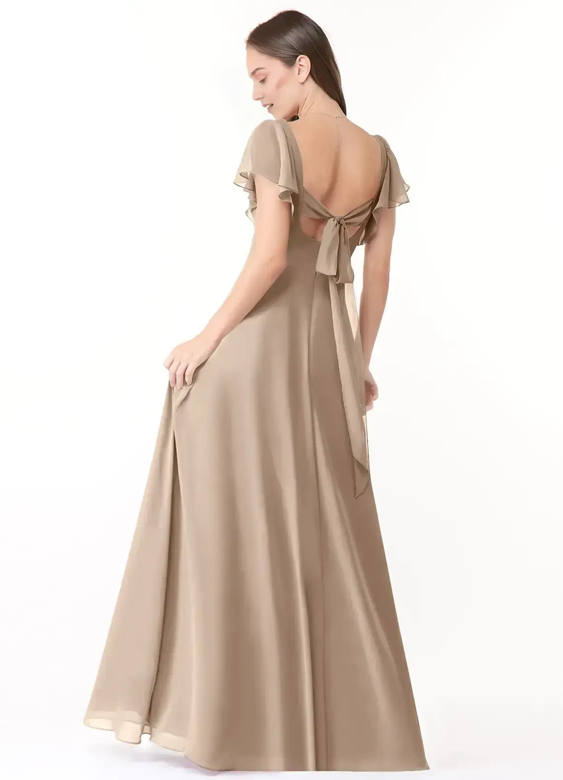 V Neck Ruffle Short Sleeve Tie Open Back A Line Satin Long Bridesmaid Dress