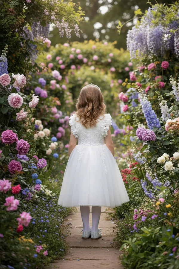 V Neck Ruffle Sleeve White Tulle Midi Flower Girl Dresses