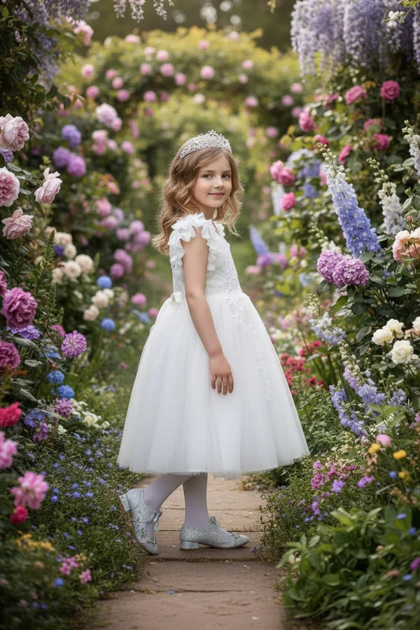 V Neck Ruffle Sleeve White Tulle Midi Flower Girl Dresses