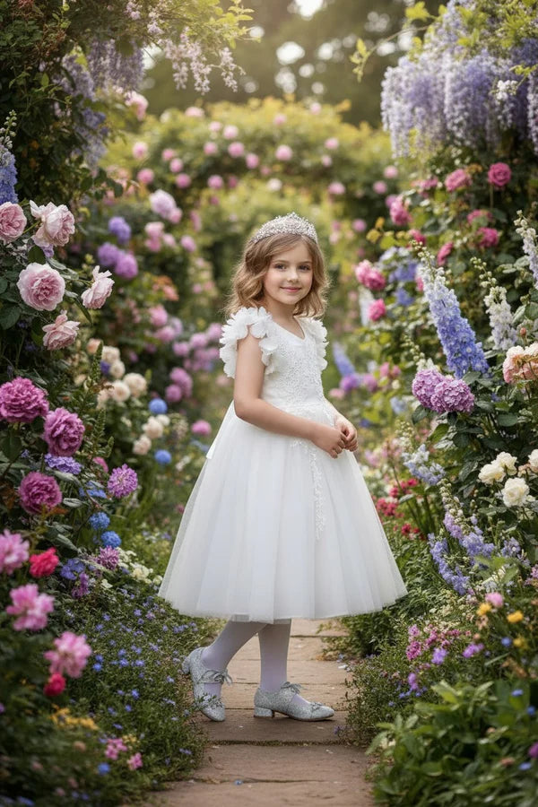 V Neck Ruffle Sleeve White Tulle Midi Flower Girl Dresses