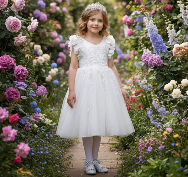 V Neck Ruffle Sleeve White Tulle Midi Flower Girl Dresses
