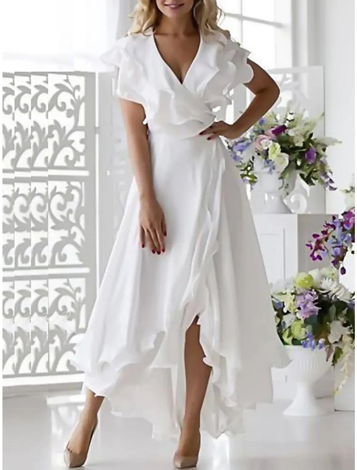 V‑Neck Ruffled Short‑Sleeve Chiffon High‑Low A‑Line Wedding Dress