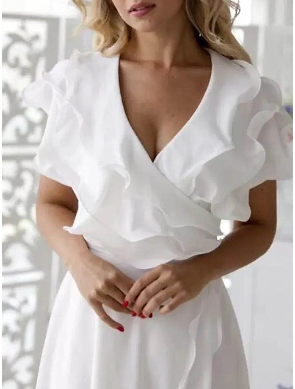 V‑Neck Ruffled Short‑Sleeve Chiffon High‑Low A‑Line Wedding Dress