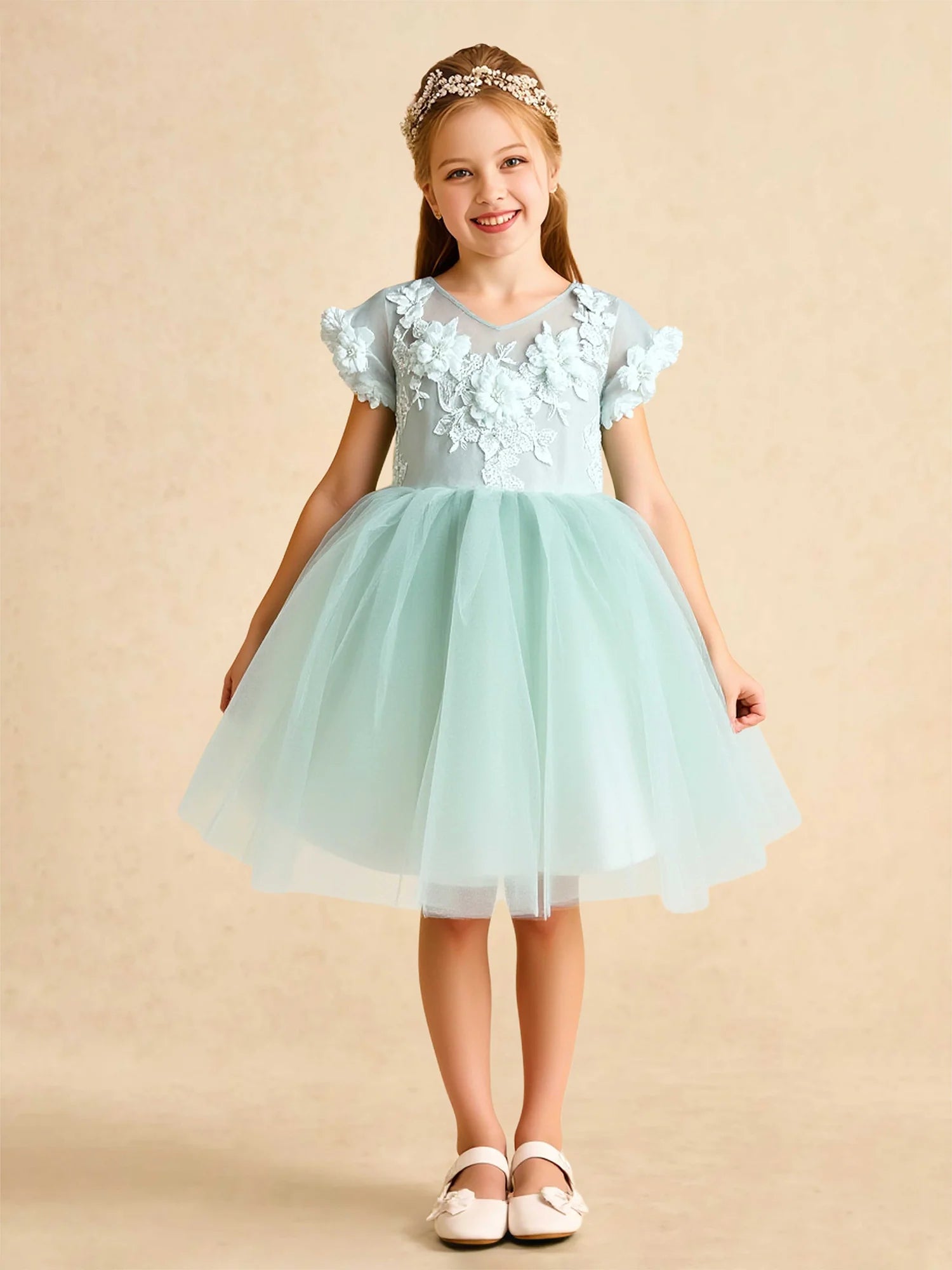 V Neck Short Ruffle Sleeve 3D Floral Lace Deep V Back Dark Green Big Bow Mint Tulle Short Flower Girl Dresses