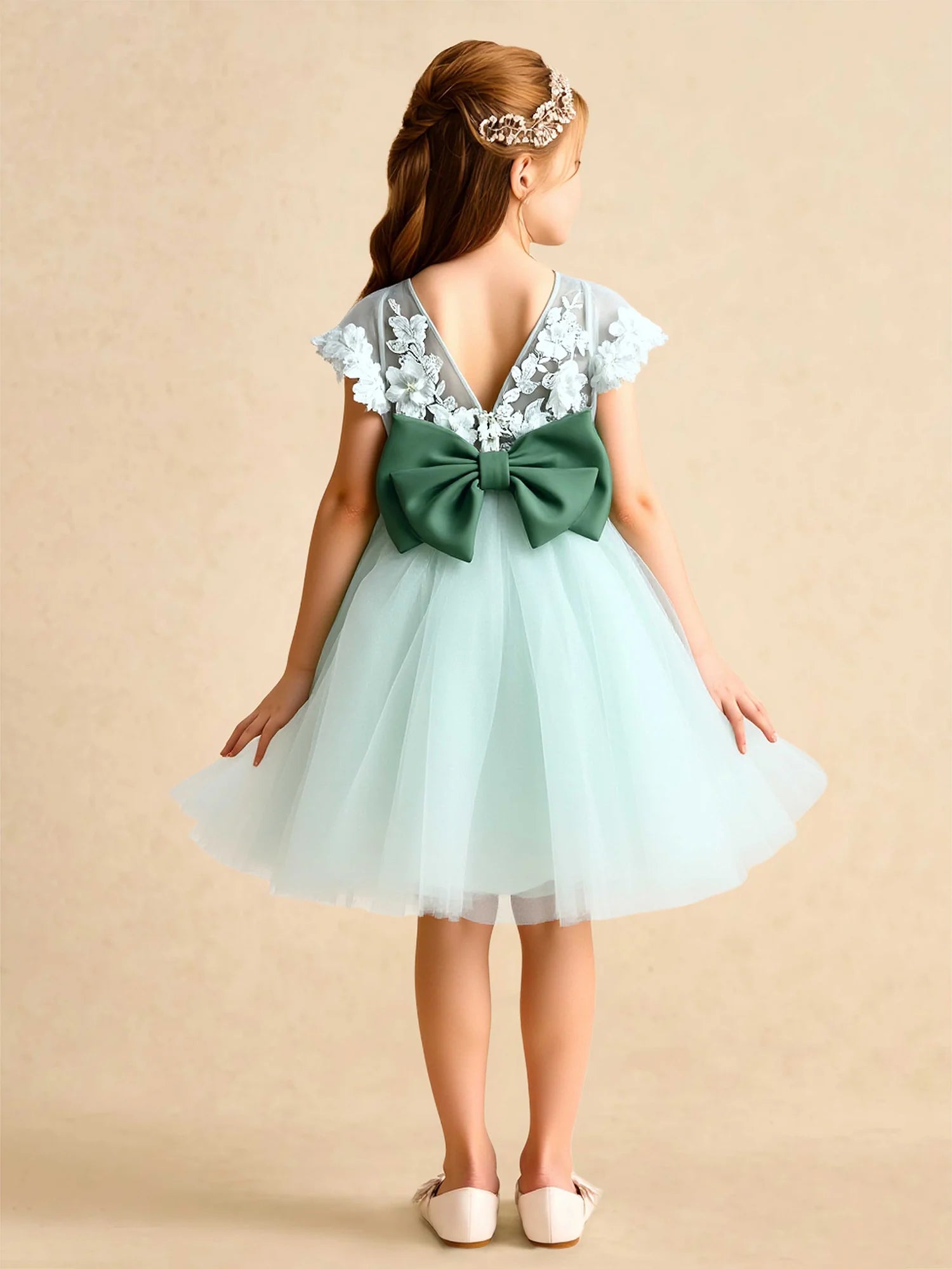 V Neck Short Ruffle Sleeve 3D Floral Lace Deep V Back Dark Green Big Bow Mint Tulle Short Flower Girl Dresses