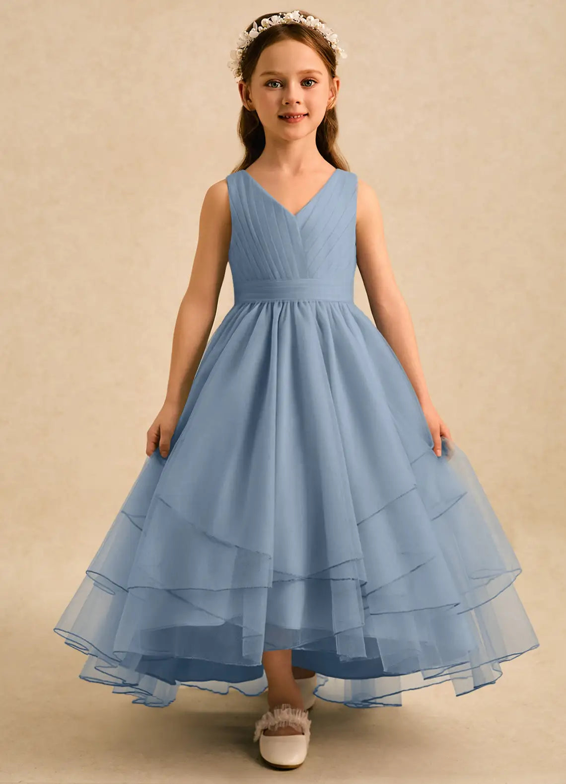 V Neck Sleeveless Dusty Blue Tulle Hi-Low Midi-Length Flower Girl Dresses with Back Bow