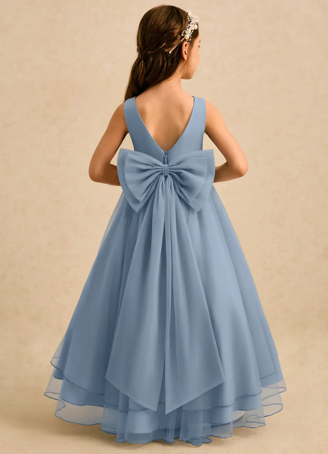 V Neck Sleeveless Dusty Blue Tulle Hi-Low Midi-Length Flower Girl Dresses with Back Bow
