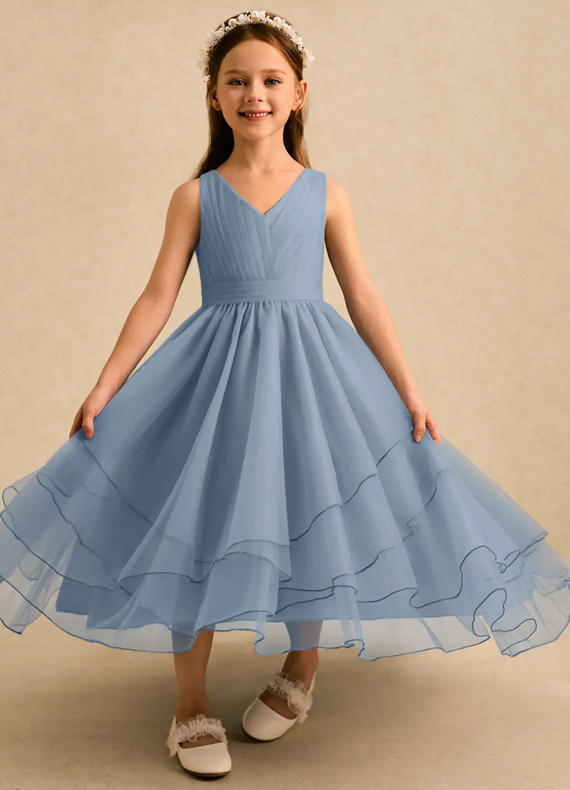 V Neck Sleeveless Dusty Blue Tulle Hi-Low Midi-Length Flower Girl Dresses with Back Bow