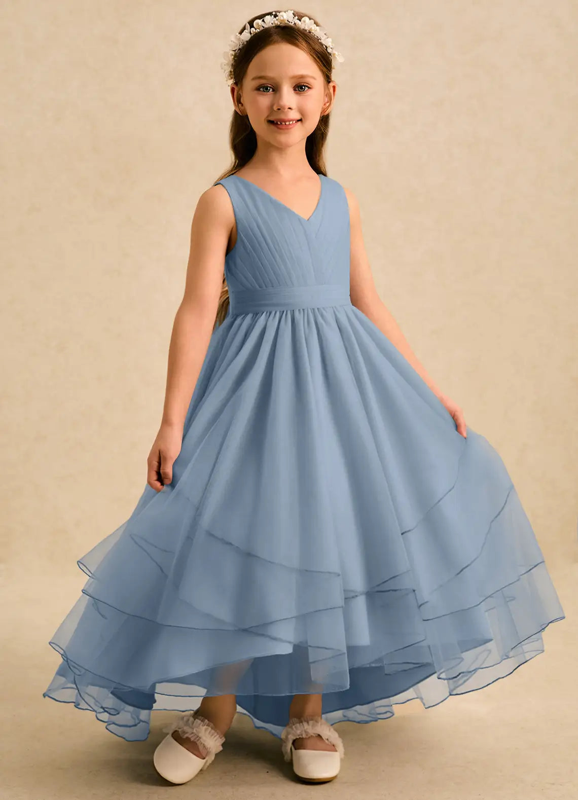 V Neck Sleeveless Dusty Blue Tulle Hi-Low Midi-Length Flower Girl Dresses with Back Bow