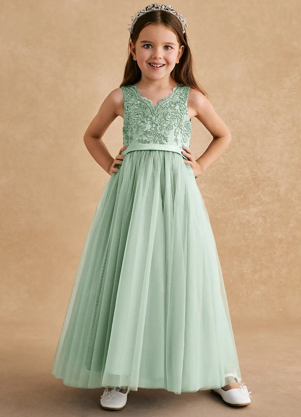 V Neck Sleeveless Sage Green Lace Tulle Full-Length Flower Girl Dresses with V Back and Oversized Satin Bow