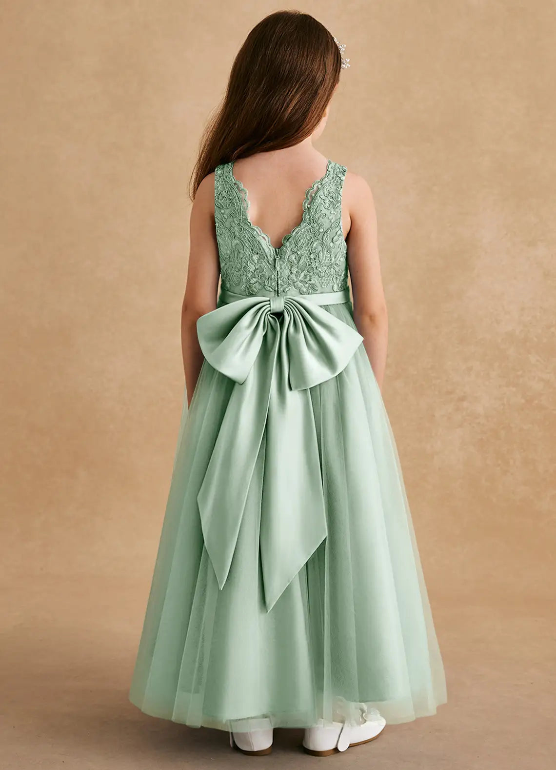 V Neck Sleeveless Sage Green Lace Tulle Full-Length Flower Girl Dresses with V Back and Oversized Satin Bow