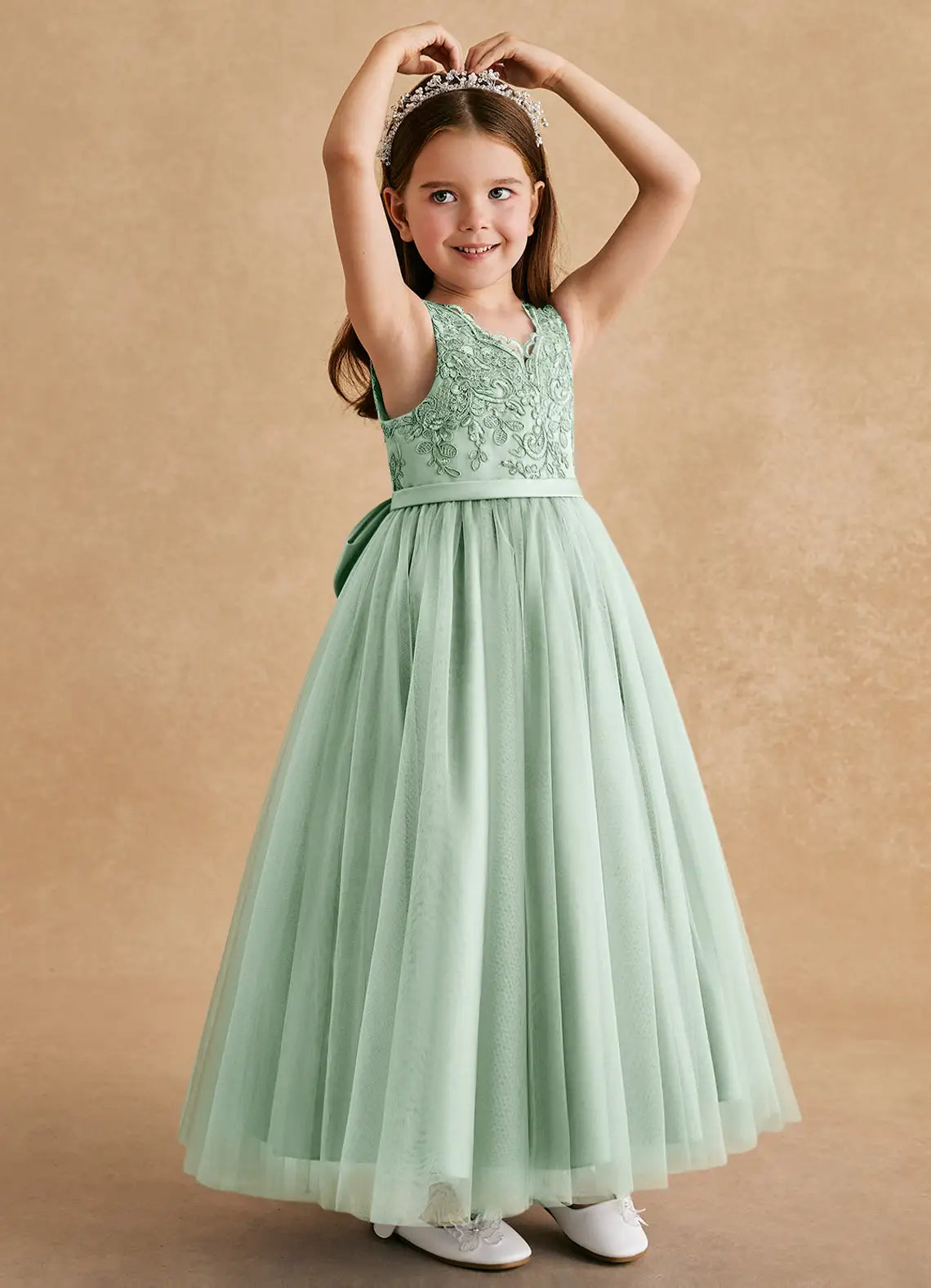 V Neck Sleeveless Sage Green Lace Tulle Full-Length Flower Girl Dresses with V Back and Oversized Satin Bow