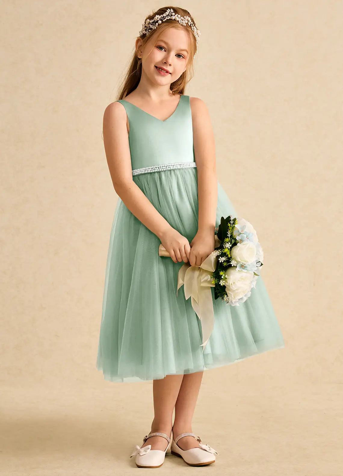 V Neck Sleeveless Sage Green Satin Tulle Midi-Length Flower Girl Dresses with Pearl Waistband and Large Back Bow