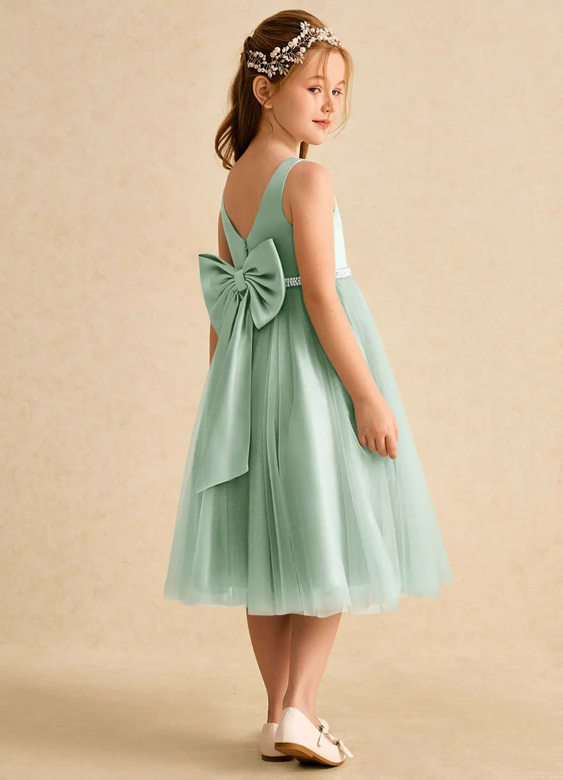 V Neck Sleeveless Sage Green Satin Tulle Midi-Length Flower Girl Dresses with Pearl Waistband and Large Back Bow