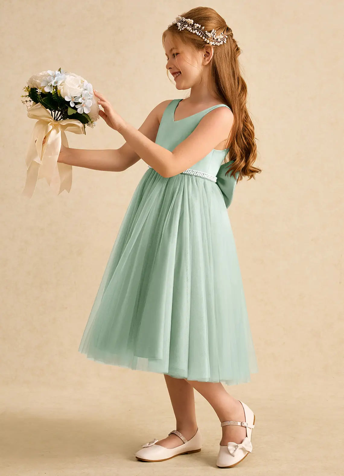 V Neck Sleeveless Sage Green Satin Tulle Midi-Length Flower Girl Dresses with Pearl Waistband and Large Back Bow