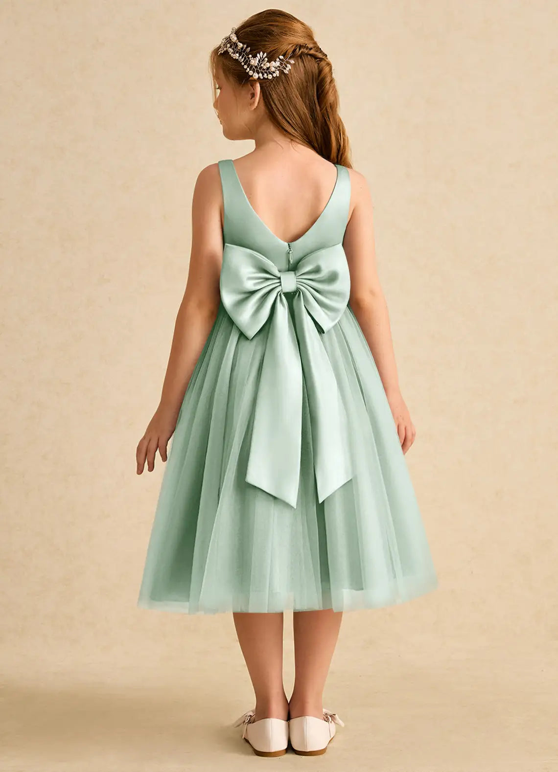 V Neck Sleeveless Sage Green Satin Tulle Midi-Length Flower Girl Dresses with Pearl Waistband and Large Back Bow