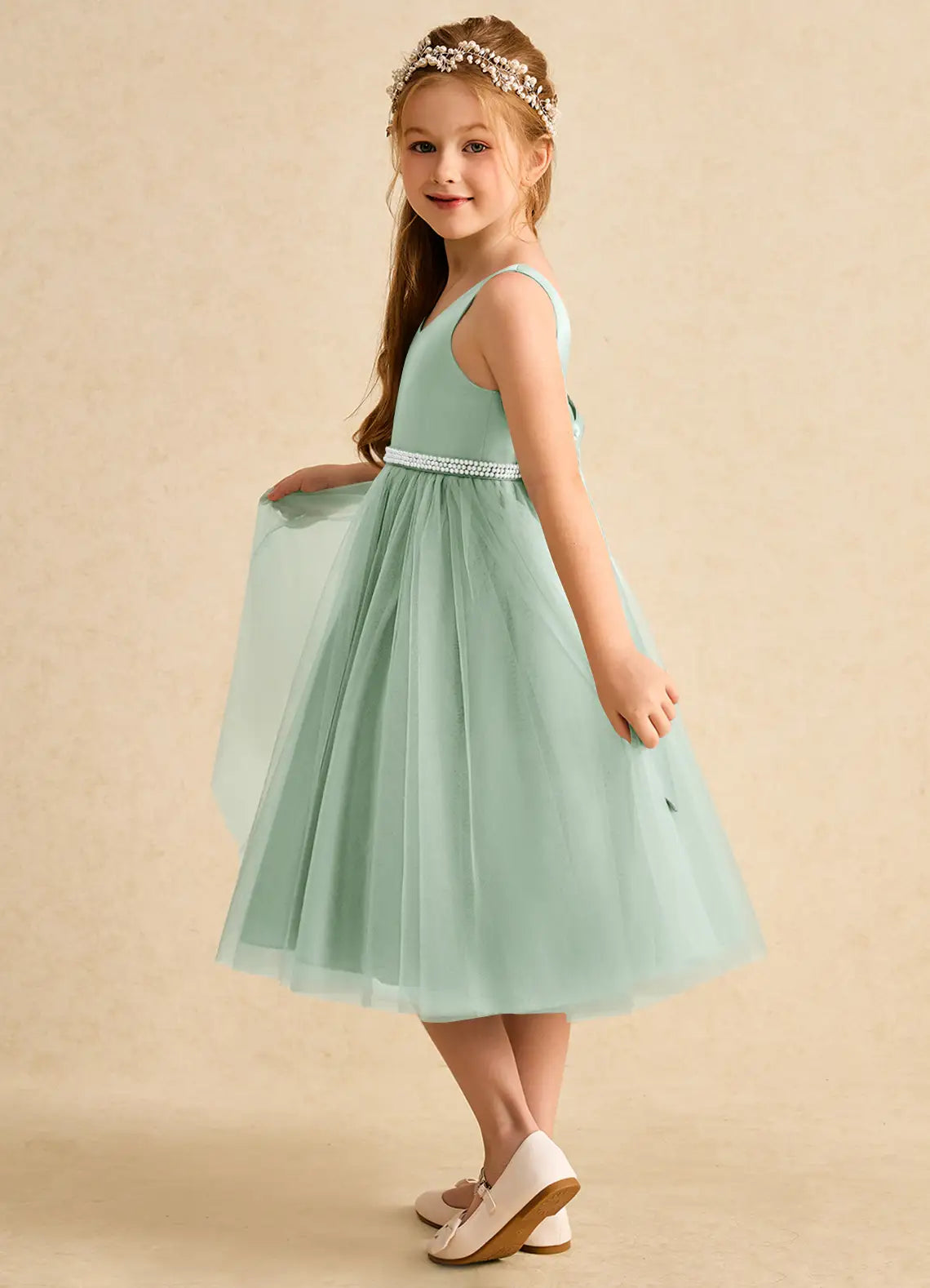 V Neck Sleeveless Sage Green Satin Tulle Midi-Length Flower Girl Dresses with Pearl Waistband and Large Back Bow