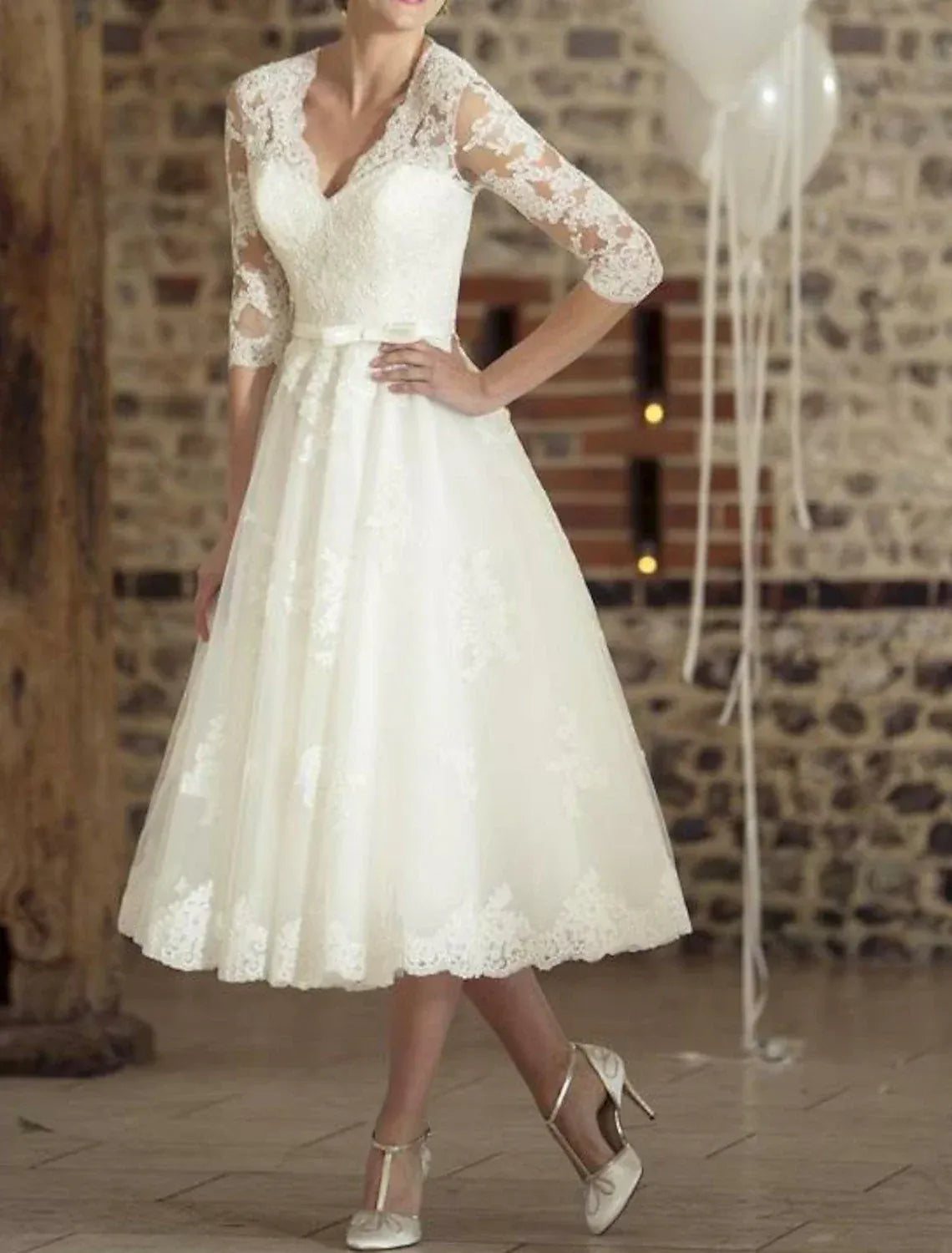V Neck Three Quarter Lace Midi Tulle Wedding Dress Sheer Back Satin Waist Sash