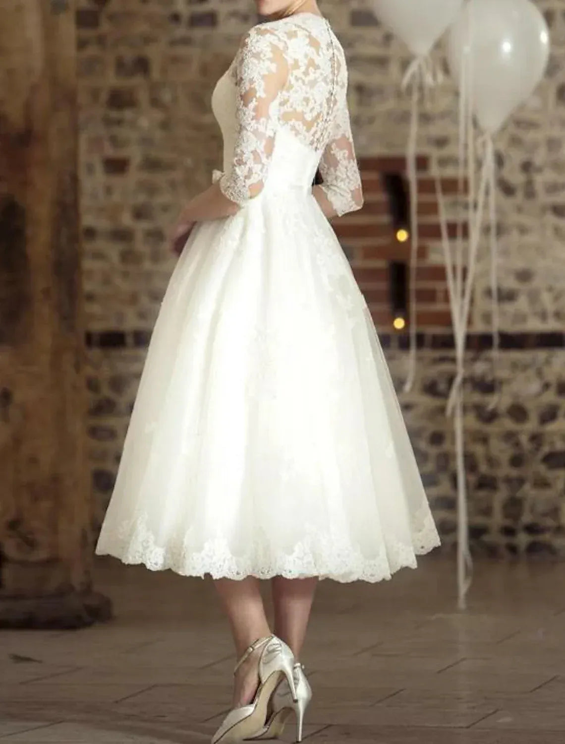 V Neck Three Quarter Lace Midi Tulle Wedding Dress Sheer Back Satin Waist Sash