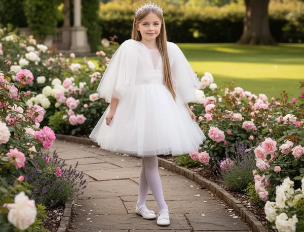 V Neck Tiered Puff Tulle Sleeve White Midi First Communion Dresses