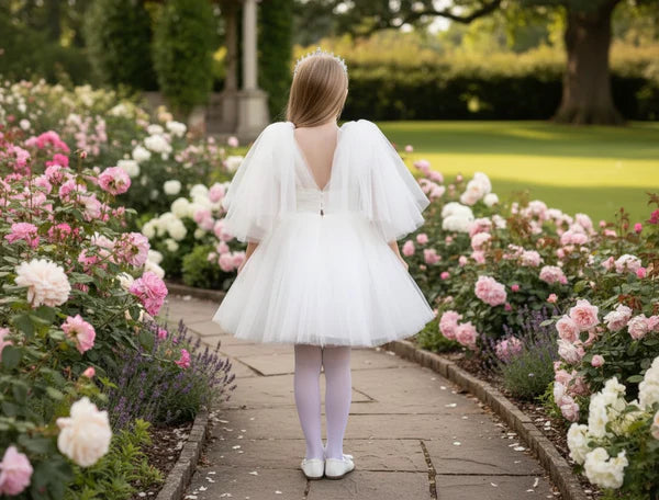 V Neck Tiered Puff Tulle Sleeve White Midi First Communion Dresses